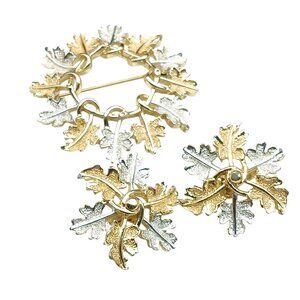 Sarah Coventry "Garland" Gold & Silver Tone Leaf Brooch & Clip-On Earrings Set